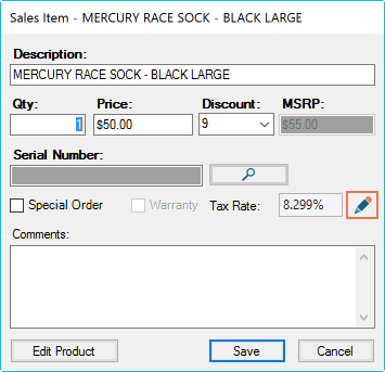 Screenshot of the Sales Item window with the Edit icon highlighted. It is a blue pencil