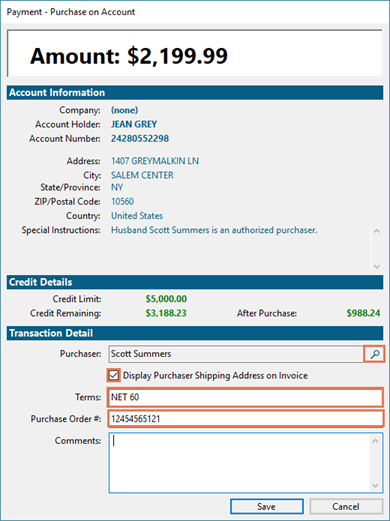 Screenshot of the Payment window with the magnifying glass highlighted. The checkbox next to "Display Purchaser Shipping Address on Invoice" is checked and highlighted. The Terms and Purchase Order # boxes are highlighted.