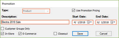 Screenshot of Promotion window with Type, Description, Start Date, and End Date highlighted