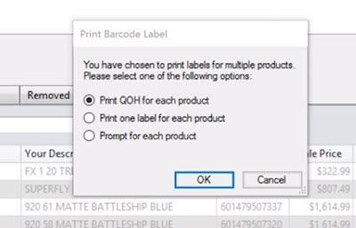 Screenshot of Print Barcode Label pop up window