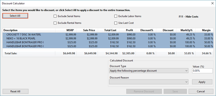 Screenshot of Discount Calculator with Select All button highlighted