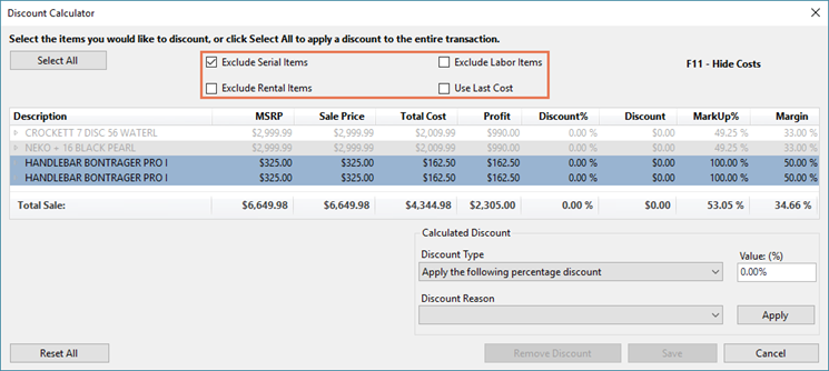 Screenshot highlighting the following check boxes: Exclude Serial Items, Exclude Labor Items, Exclude Rental Items, Use Last Cost
