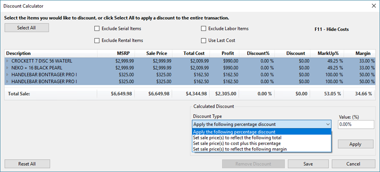 Screenshot of Discount Type dropdown menu
