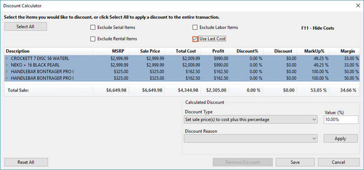 Screenshot of checkbox next to Use Last Cost checked and highlighted