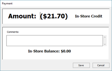 Screenshot of the payment screen with parentheses around the amount, it says In-Store Credit