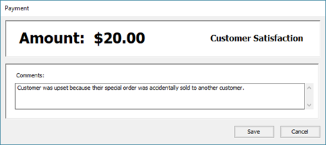 Screenshot of the Payment window with the amount $20.00
