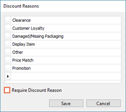 Screenshot of Discount Reasons with Require Discount Reason unchecked and the blank box highlighted