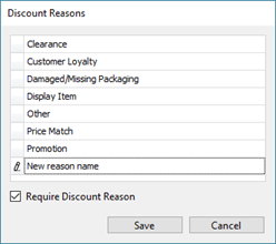 Screenshot of Discount Reasons with New Reason Name highlighted and a pencil next to it indicating it is editable