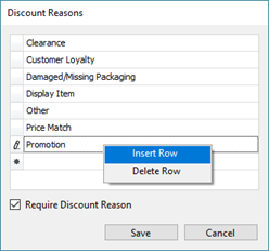 Screenshot of Discount Reasons with options for Insert Row and Delete Row. Insert Row is highlighted