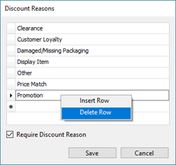 Screenshot of Discount Reasons with options for Insert Row and Delete Row. Delete Row is highlighted