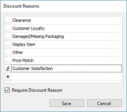 Screenshot of Discount Reasons with New Reason Name highlighted and a pencil next to it indicating it is editable