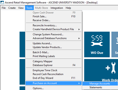 Capture d'écran d'Ascend Desktop avec le menu View ouvert, le menu Purchase on Account ouvert et le menu Manage Accounts sélectionné.
