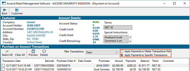 Screenshot with Apply Payments to Oldest Transactions First and Apply Payments to Specific Transactions radio buttons highlighted