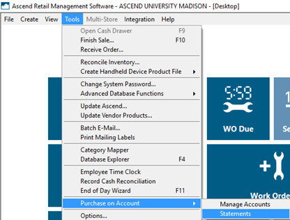 Capture d'écran d'Ascend Desktop avec le menu Outils ouvert, Achat sur compte sélectionné et Relevés sélectionnés.