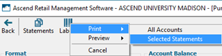 Screenshot with the Print dropdown selected and Selected Statements highlighted