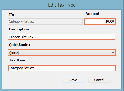 Screenshot of Edit Tax Type window with amount, description, quickbooks drop down, and tax items highlighted