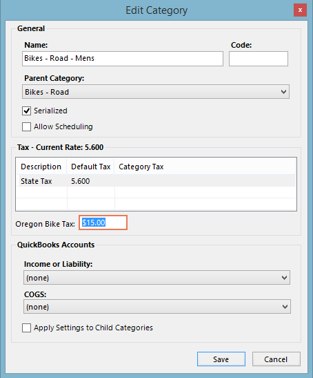 Capture d'écran de la fenêtre Modifier la catégorie avec la case Taxe sur les vélos en Oregon en surbrillance et 15 $ inscrits dans la case.