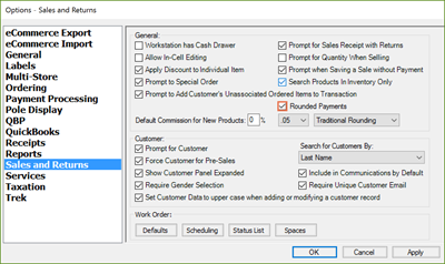 Screenshot of Sales and Returns window with Rounded Payments box checked and highlighted