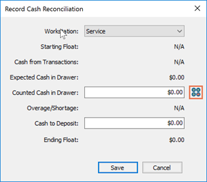 Screenshot of the Record Cash Reconciliation window with the Counted Cash in Drawer icon highlighted