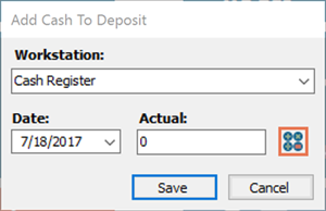 Add Cash To Deposit」ウィンドウのスクリーンショット（「Counted Cash in Drawer」アイコンが強調表示されている状態