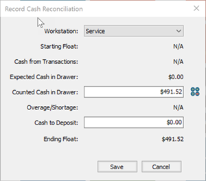 Screenshot of the Record Cash Reconciliation window