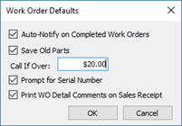 Screenshot of the Work Order Defaults window