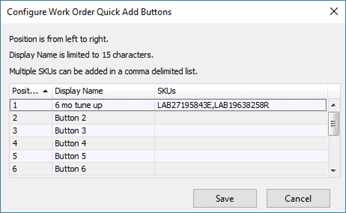 Screenshot of the Configure Work Order Quick Add Buttons window