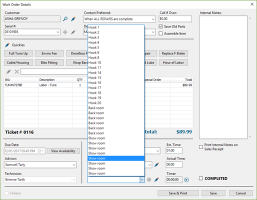 Screenshot of the Work Order Details window with the Spaces dropdown open