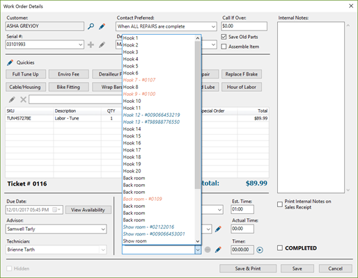 Screenshot of the Work Order Details window with the Spaces dropdown open