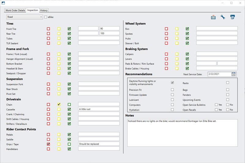 Screenshot of the customer view of the Inspection tab