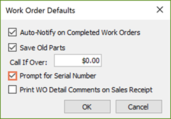Screenshot of Work Order Defaults window. The box next to Prompt for Serial Number is checked and highlighted