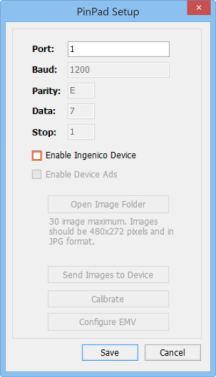 Pinpad Setupウィンドウのスクリーンショット。Enable Ingenico Deviceの横のボックスが強調表示されます。