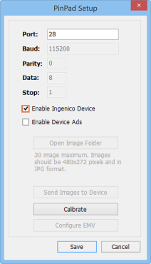 Pinpad Setupウィンドウのスクリーンショット。Enable Ingenico Deviceの横のボックスが強調表示され、チェックされています。