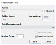 Edit Payment Typeのスクリーンショット。Open Cash Drawerの隣にあるチェックボックスが強調表示されている。