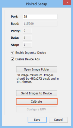Screenshot of PinPad Set up window with Calibrate button highlighted