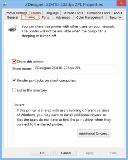Screenshot of Printer Properties window with the Sharing tab highlighted and the box checked and highlighted next to Share this printer