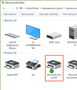 Captura de pantalla de Dispositivos e impresoras con una marca verde junto al icono de una impresora