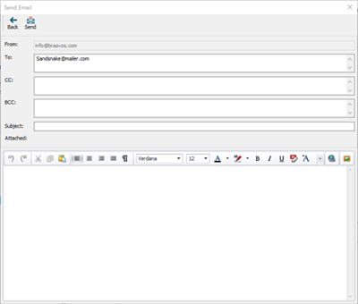 Capture d'écran d'une fenêtre de courrier électronique avec des options pour To, CC, BCC, Subject, et une boîte pour taper un message.