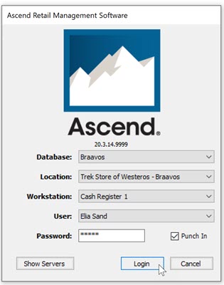 Screenshot van het Ascend inlogscherm met het vakje naast Punch In aangevinkt