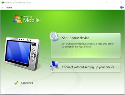 Captura de pantalla del Centro de dispositivos de Windows Mobile