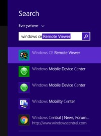 Schermafbeelding van de Windows-zoekopdracht met Windows CE Remote Viewer in het zoekvak en het pictogram voor het programma gemarkeerd