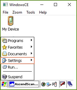 Screenshot of Windows menu with Settings highlighted