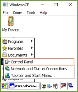 Screenshot of Windows menu with Control Panel highlighted