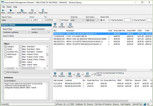 Screenshot of Product Query window