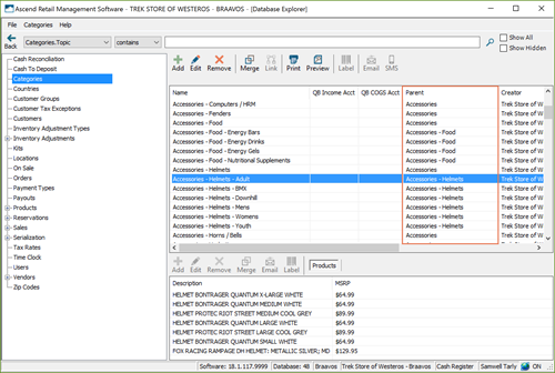 Screenshot van Database Explorer met Geselecteerde categorieën aan de linkerkant. Rechts is de kolom Ouder gemarkeerd