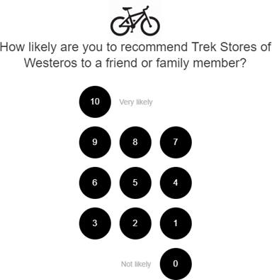 Capture d'écran avec l'image d'un vélo et le texte "Quelle est la probabilité que vous recommandiez [le nom de votre magasin] à un ami ou à un membre de votre famille ?". Il agit avec des nombres 10, très 10, 0, pas du tout. Les nombres 10 (très probable) à 0 (peu probable) s'affichent.