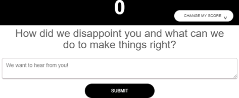Screenshot met de tekst "Hoe hebben we u teleurgesteld en wat kunnen we doen om het goed te maken?". met een vakje eronder waarop staat: We willen van u horen en een zwarte knop Aanbieden.