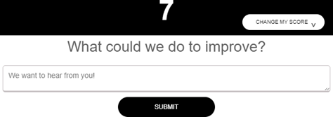 Captura de pantalla que dice "¿Qué podríamos hacer para mejorar?" con un recuadro debajo que dice Queremos saber de usted y un botón negro Enviar.