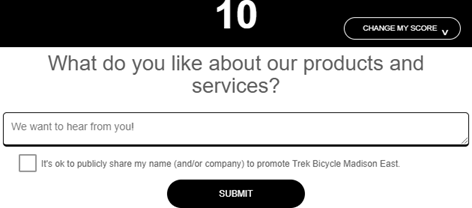 Screenshot that says "What do you like about our products and services?" with a box under it that says We want to hear from you and a black Submit button.