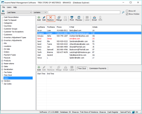 Screenshot of the User window with Restore higlighted